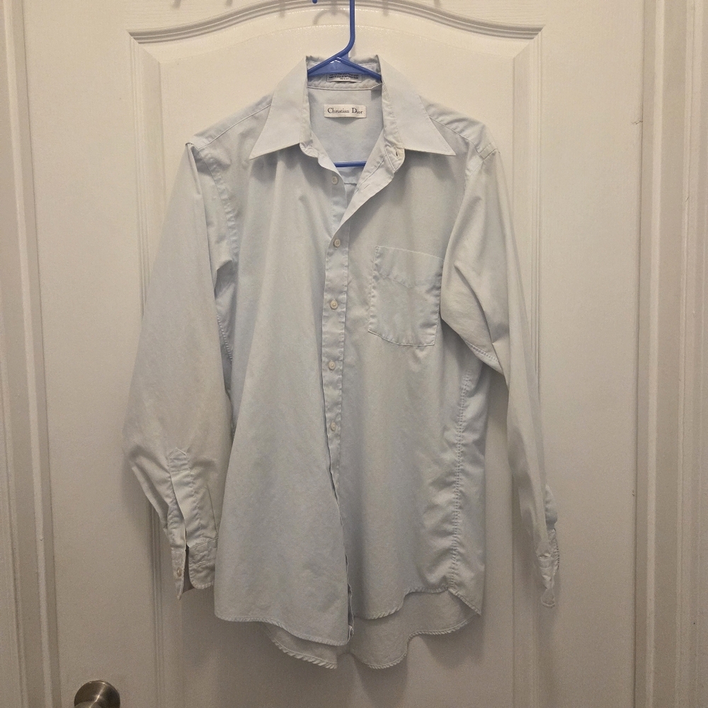 CHRISTIAN DIOR men's 15 32-33 size dress shirt light blue long sleeve 55% cotton